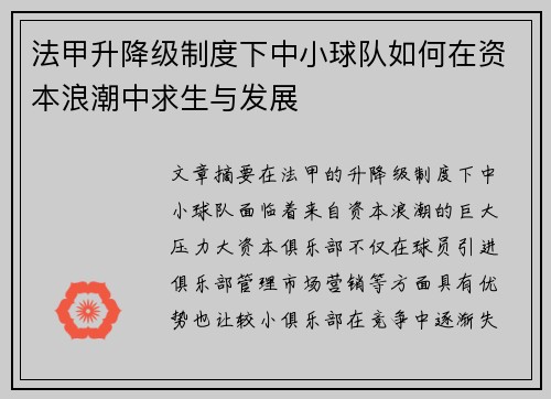 法甲升降级制度下中小球队如何在资本浪潮中求生与发展