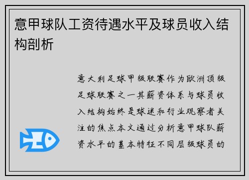 意甲球队工资待遇水平及球员收入结构剖析